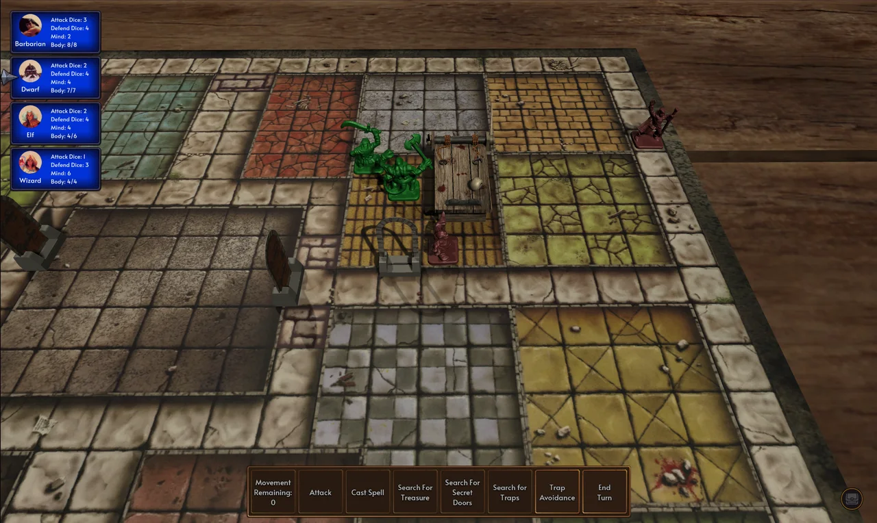 HeroQuest Revived dungeon board with heroes and green enemies gathered around a table in a stone-tiled room