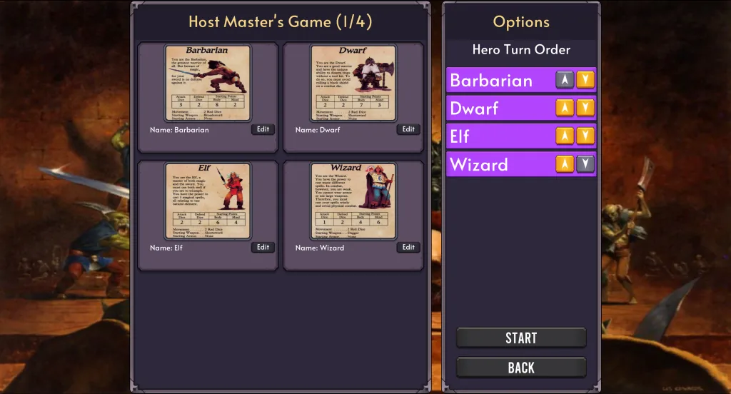 The early multiplayer lobby assigns heroes and their turn order.