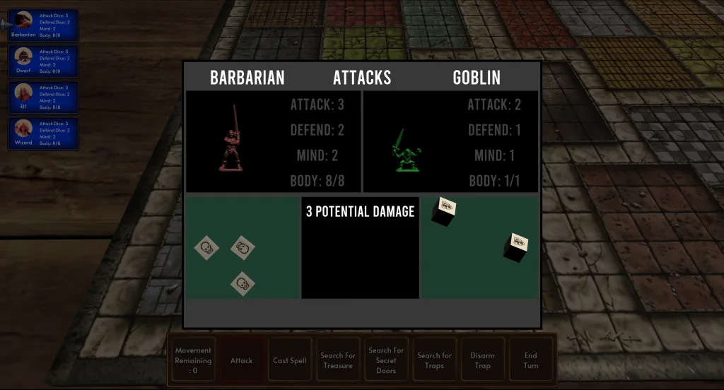 The first alpha combat dialog compares a barbarian and a goblin.