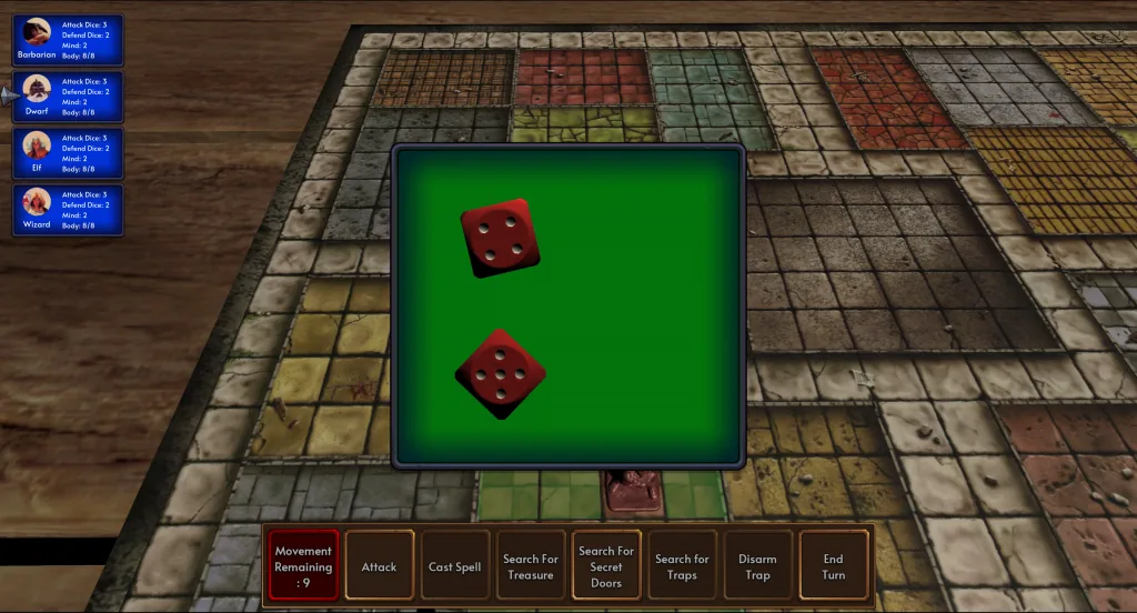 The first alpha movement roll displays two red dice.