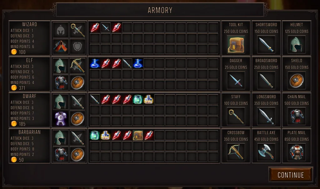 The redesigned armory shows hero inventories and equipment for purchase.