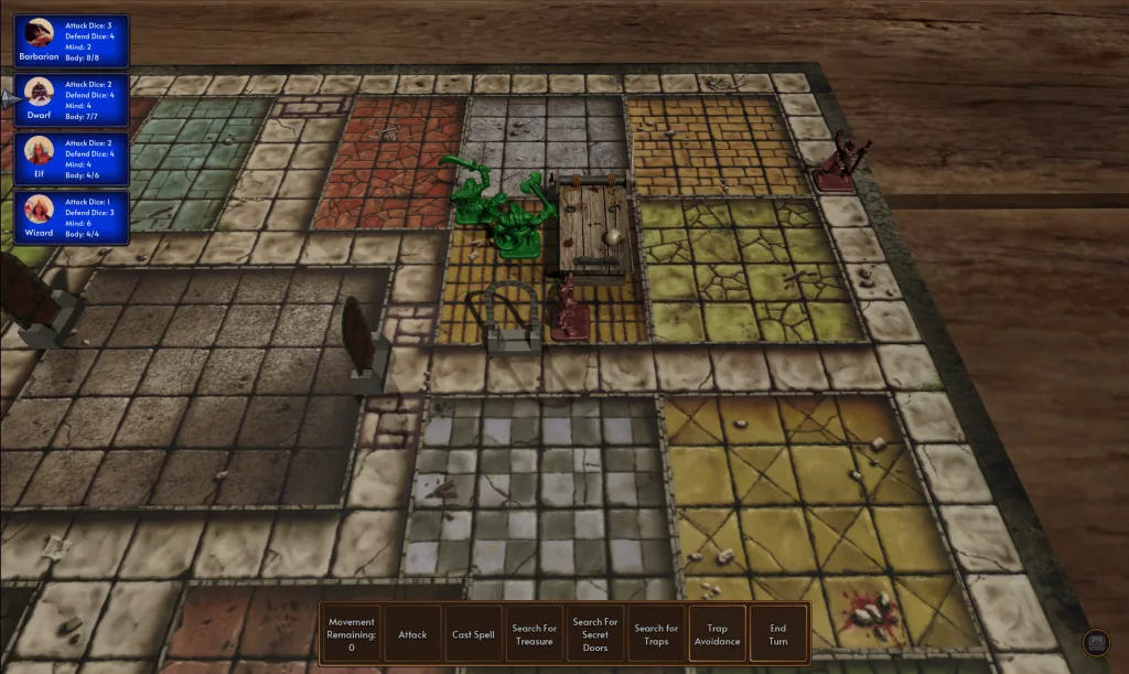 Heroes and enemies stand in the corridors of the historical dungeon board.