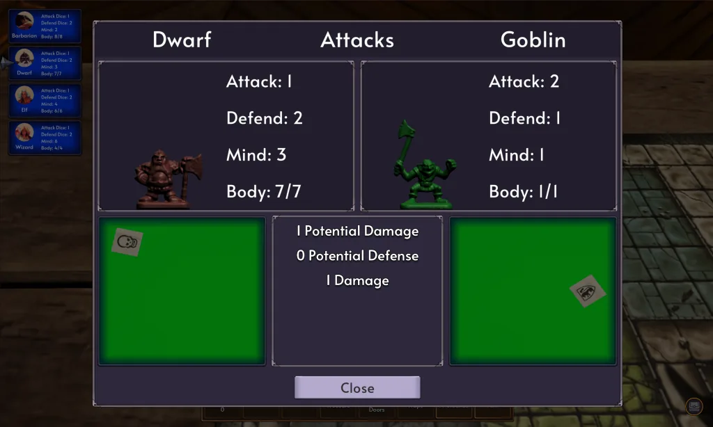 The historical combat dialog compares the dwarf and a goblin.