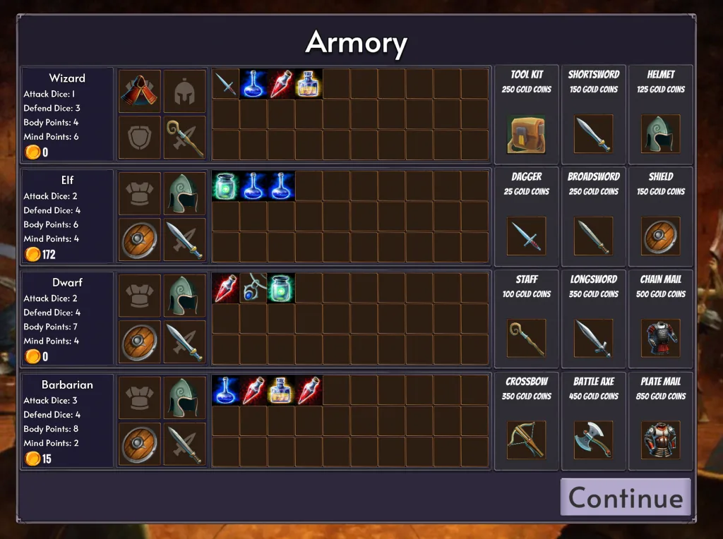The early armory displays hero equipment and available weapons and armor.