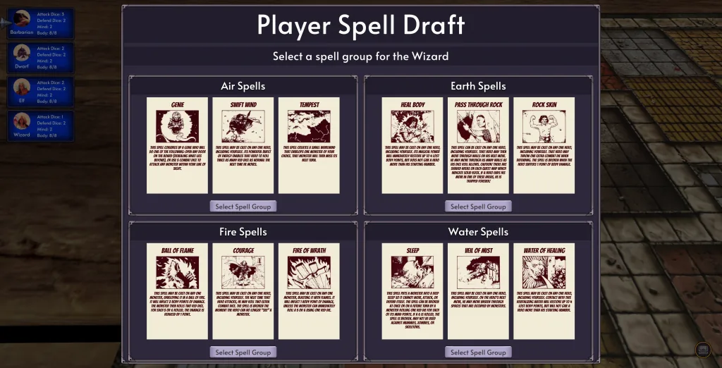 The early spell-draft interface lets players select elemental spell groups.