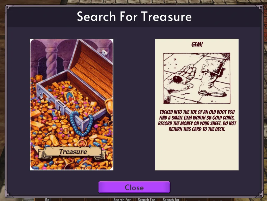 The early treasure-search interface displays a found treasure card.