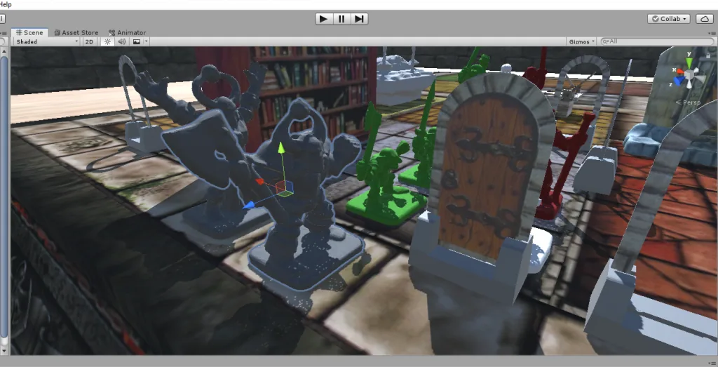 The early dungeon prototype is shown inside the Unity editor.