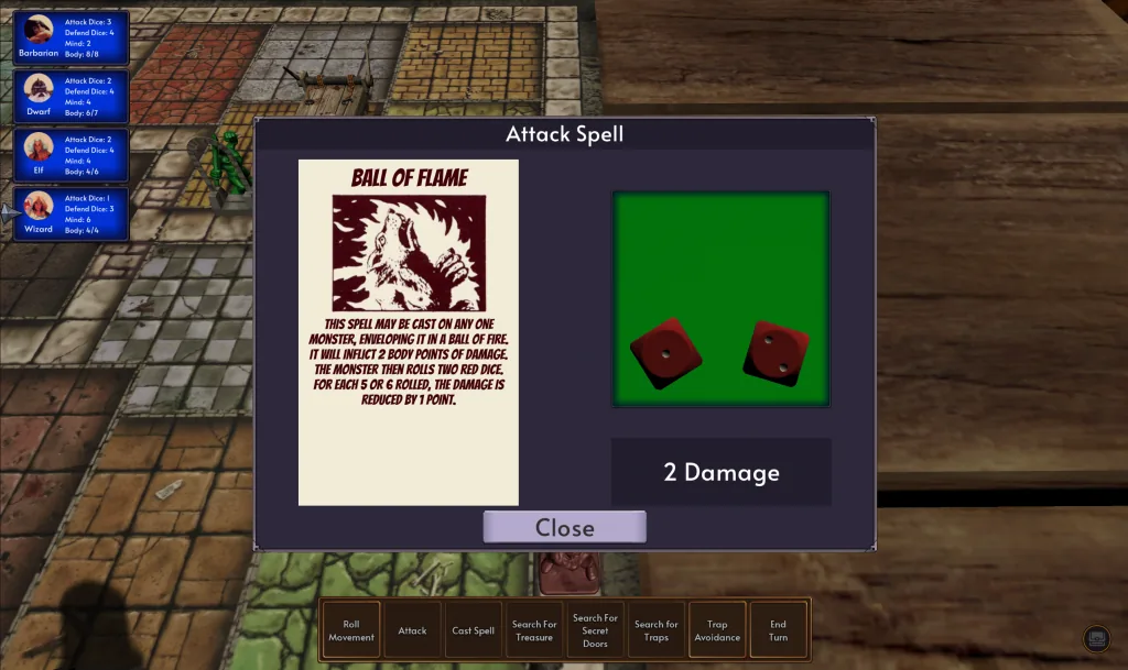 The historical fire-spell dialog shows two red dice and the damage result.