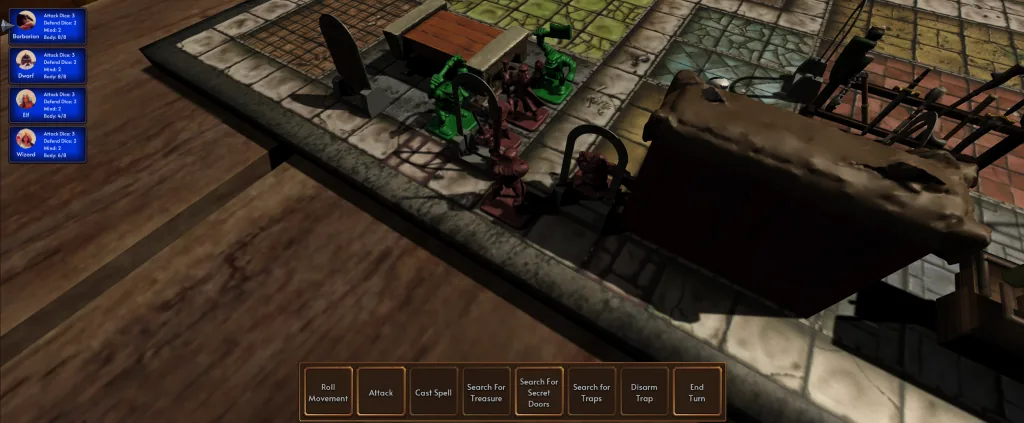 An early dungeon room contains furniture and hero figures.