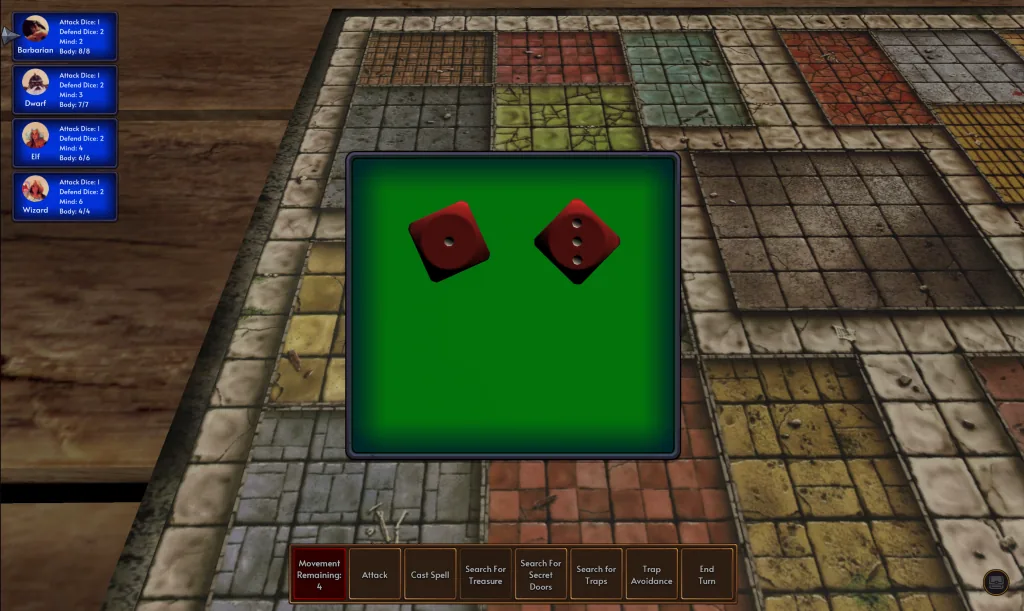 Two red movement dice appear over the historical dungeon board.