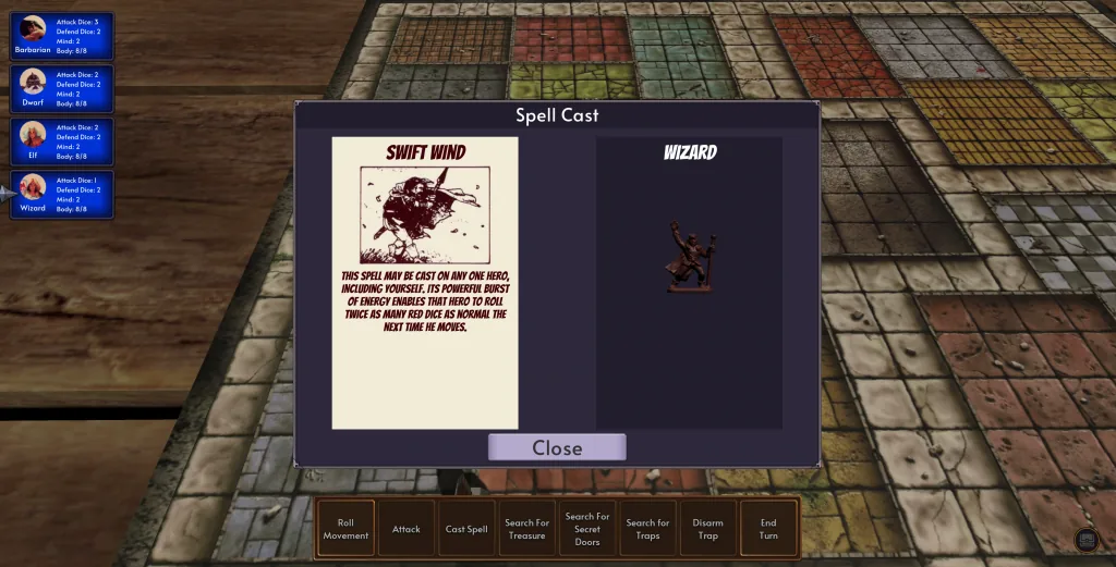 The historical spell-cast dialog pairs a spell card with its selected target.