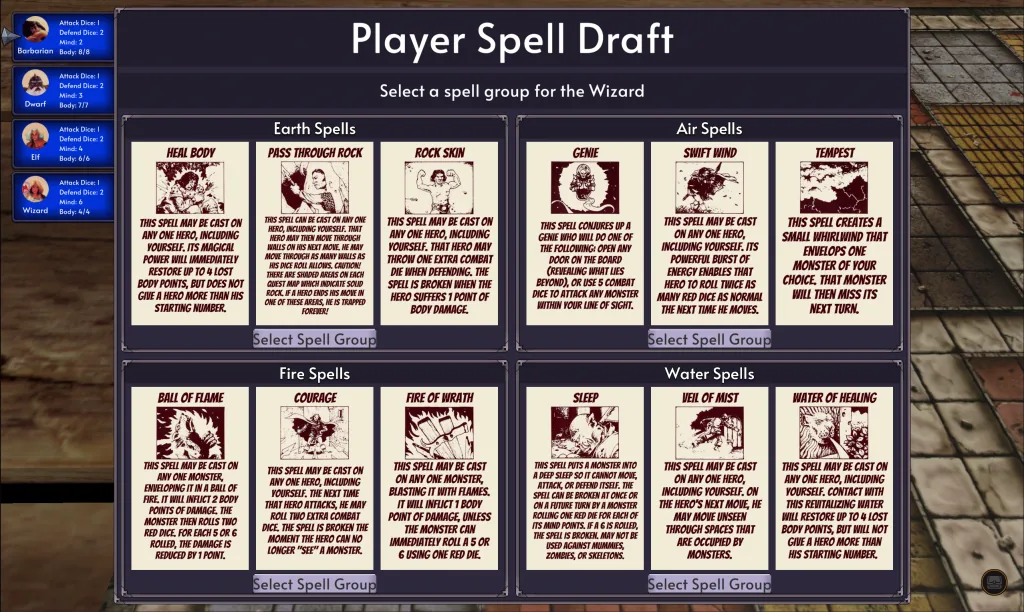 The historical spell-draft screen offers elemental spell groups.