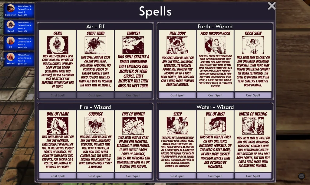 The historical spell inventory displays cards grouped by element.
