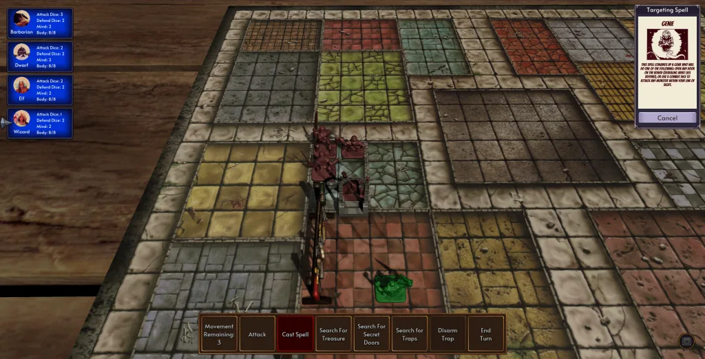 A selected spell and highlighted dungeon squares show historical spell targeting.