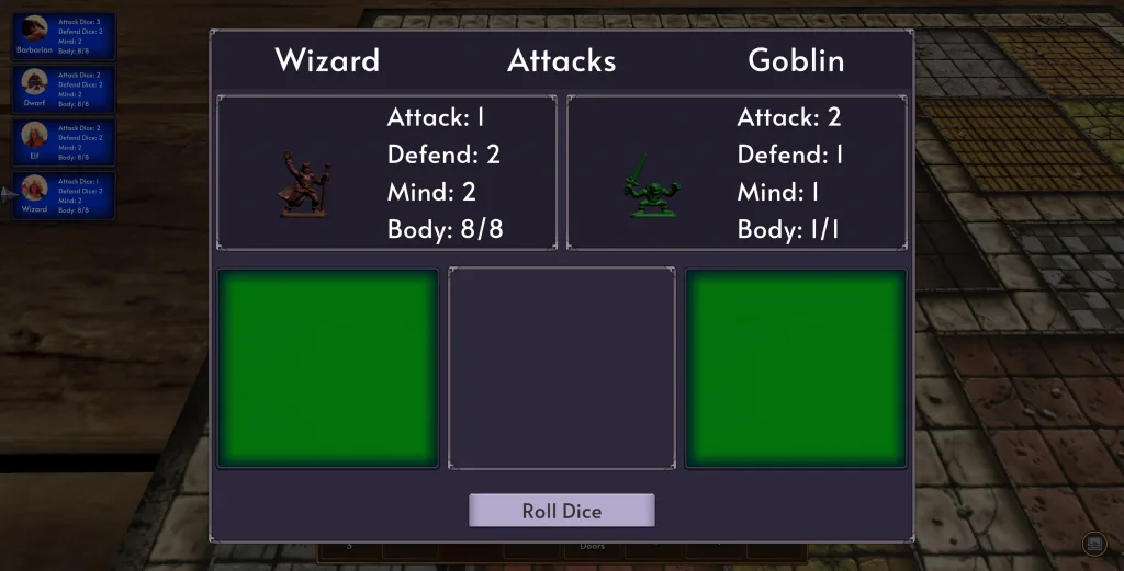 The historical attack dialog compares the wizard and a goblin before rolling.