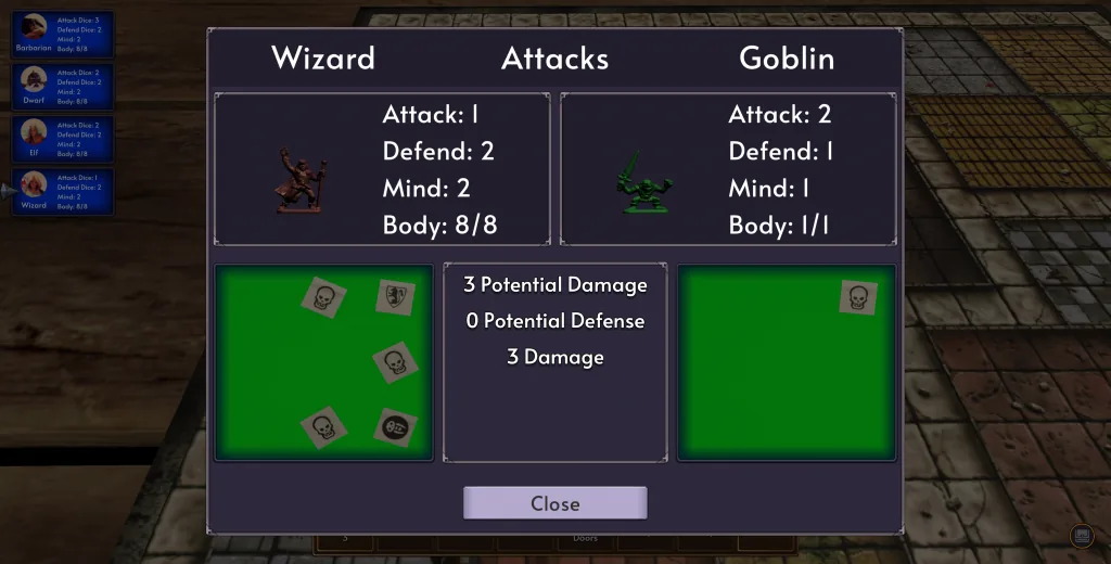 The historical wizard combat dialog displays attack and defense dice results.