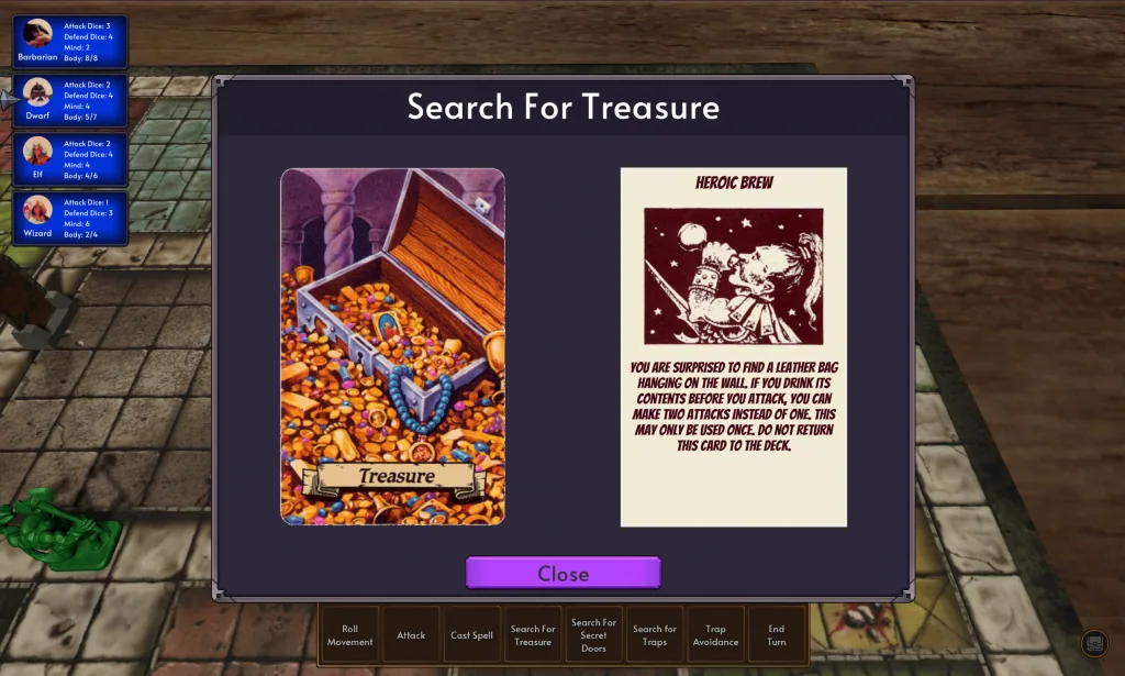 The treasure-search screen showing a Heroic Brew card above the dungeon board